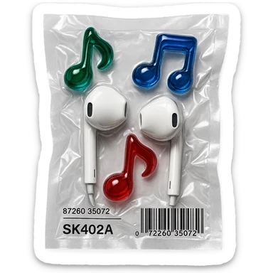pair of white EarPods with three floating glass music notes in deep jewel tones (emerald, sapphire, ruby), shiny and puffy sticker