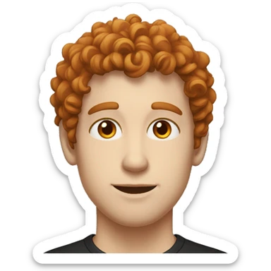 a man with curly brown hair with orange tips, orange eyes, pale skin, black t-shirt sticker