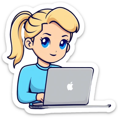 Blonde woman ponytail blue eyes with MacBook sticker