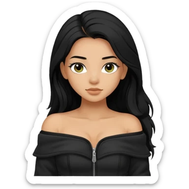 Siyah uzun saçlı siyah ceket  polar ceket ceket gevşek biraz omzundan çıkıyormuş gibi ve bugday ten rengi soltaraftaki omzundan çıkık sadece içinde de siyah crop var crop açık esmer esmer sticker