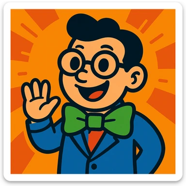 Add playful glasses to the person with a prominent green bowtie, in the same vibrant cartoon style. sticker