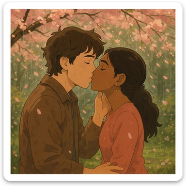 Joel and Madhu sharing a gentle kiss under cherry blossoms in the rain, romantic, Ghibli style with delicate petals falling, soft rain, and warm emotional tone. sticker