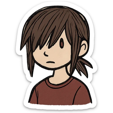 A boy with bangs covering his eyes, long hair sticking out at the back, and long side locks. He has brown eyes and dark brown hair, and is wearing a maroon t-shirt. sticker