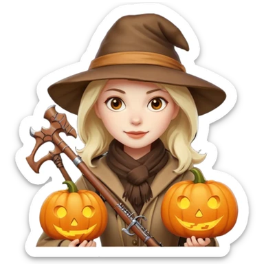 female human monster hunter emoji, wearing brown coat and hat, holding crossbow, soft smile, scarf, glowing pumpkin by her side, Halloween fantasy style, clean vector Apple emoji look, bright colors, white background, square sticker