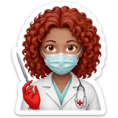 Scary woman scalpel in hand, evil surgeon sexy surgeon clothes.  She has red eyes. Her  brown long curly hair. Wears sexy doctor outfit with red gloves. make her hair free and brown but have mouthy  wear  mask  to hide. Wears white surgeon jacket and  has lon* brown hair. sticker