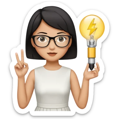 asian teacher with a white dress holding a flash with retangle glasses and black short hand  sticker