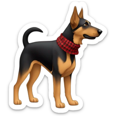 75% Coonhound 25% German Shepherd mix dog wearing small pointed red buffalo plaid bandana side view full body facing left sticker