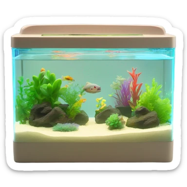 Rectangular fish tank, beige lid and wedgesk with plants inside  and glow tetra fish in neon colors  sticker