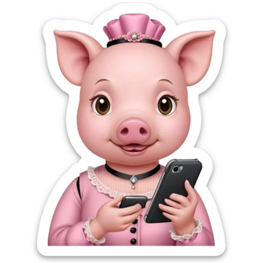 girl pig in victorian pink finery scrolling on a cell phone sticker