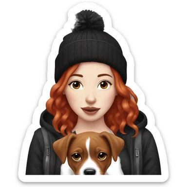 Long Red haired woman in beanie with septum piercing holding black and white English Staffordshire puppy sticker