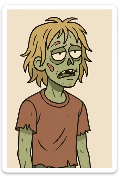 cartoon-style zombie young man with messy shoulder-length blond hair greenish skin vacant stare sticker