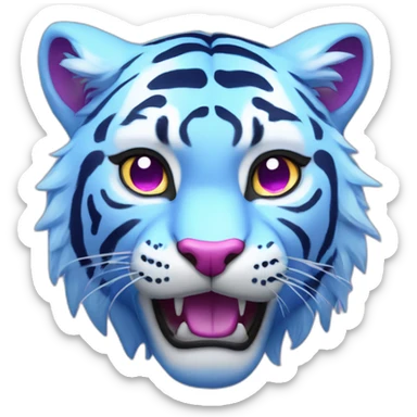 a blue tiger with no stripes with a magenta lightning bolt by its eyes on the left or right side of them. sticker