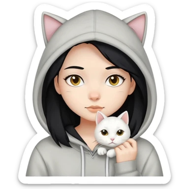 black hair girl wear hoodie with white cat sticker