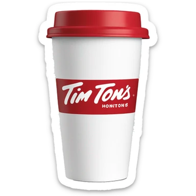 “Red Tim Hortons coffee cup with large white ‘Tim Hortons’ logo in script, black plastic lid, and a simple, clean design.” sticker