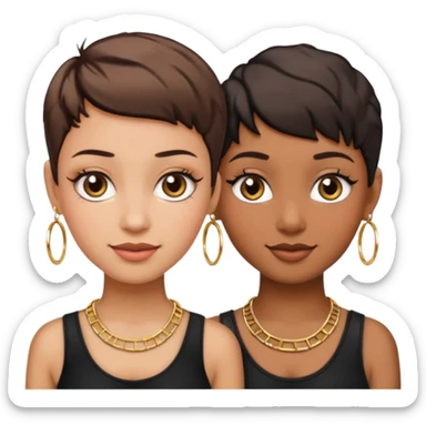 Do two best friend emojis one brown skin one fair skin with pixie cuts with big hoop earrings and gold necklace wearing black and lash extension sticker