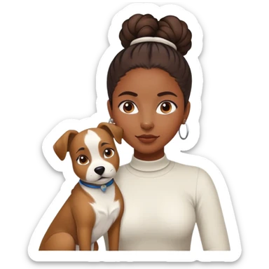 smart, 30 year old, brown African girl, back bun hairstyle, with one big white brown dog sticker
