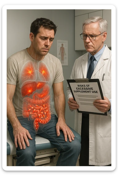 a man sits on a doctor’s examination table, looking fatigued and uncomfortable. A transparent anatomical overlay reveals his liver and intestines, both appearing inflamed and congested, with stylized supplement capsules and pills scattered throughout the digestive tract. The doctor stands nearby, holding a chart that highlights the risks of excessive supplement use. The mood is clinical and educational. in italiano iperrealistica sticker