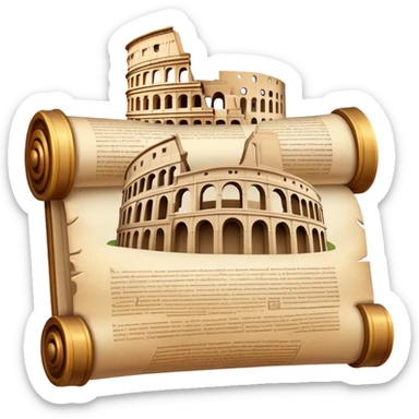 An icon featuring an ancient scroll, surrounded by famous historical landmarks and statues of notable figures, like the Colosseum or Napoleon. The design symbolizes the exploration of history through monuments and people. Transparent background highlights the pas sticker