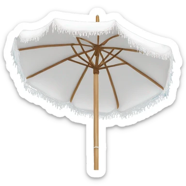 White beach umbrella with white tassels and a straight wooden pole sticker