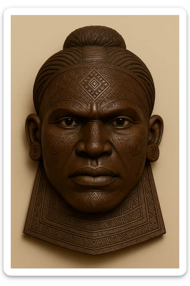 Transform this Mwana Pwo mask into a male version reflecting the Cokwe tribe's masculine mask style, with strong masculine features, traditional carved wood texture, tribal patterns, and cultural authenticity. Keep the background neutral and simple to highlight the mask as a cultural artifact. sticker