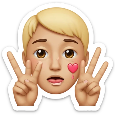 Emoji face crying while doing a kissy face holding up the peace sign sticker