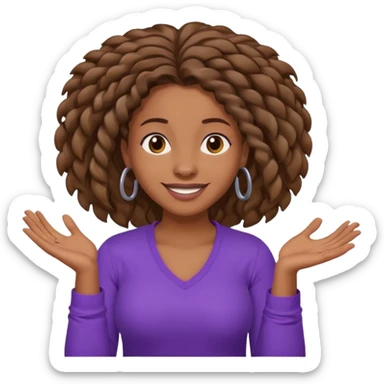 black woman with locks shrugging-smiling with purple shirt sticker