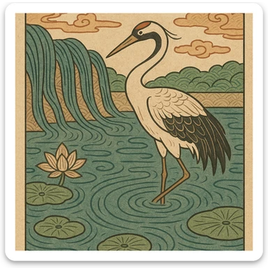 crane bird standing in a pond, ukiyo-e style illustration sticker