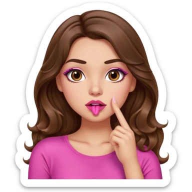 girl with long wavy brown hair, brown eyes, light to medium complexion, in a pink sexy top, pink puckered lips, long lashes, shushing sticker