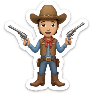 A young cowboy with oversized boots, excited expression, and a tiny toy revolver.
 sticker