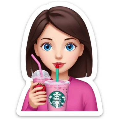 make an emoji of a brunette blue eye girl wearing pink drinking a strawberry acai refresher from starbucks sticker