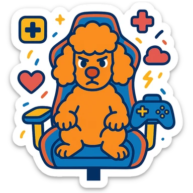 poodle dog in a gaming chair with focused expression surrounded by game icons, vibrant colors sticker