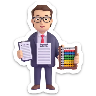 male accountant with tax forms, abacus and spreadsheet sticker