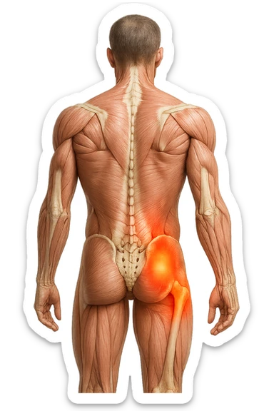 CORPO UMANO ANATOMICO A FIGURA INTERA REALISTICO DI SPALLE CON DOLORE ALLA LOMBARE INFIAMMATA, DOLORE ALL'ANCA, IPERREALISTICO 4K sticker