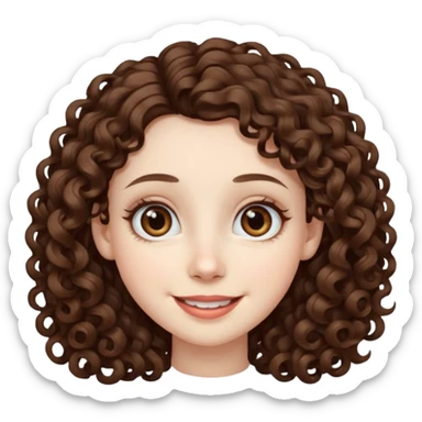 Light brown eyed female with pale skin. She has big eyes, curly and long dark brown hair and thin lips smiling. sticker