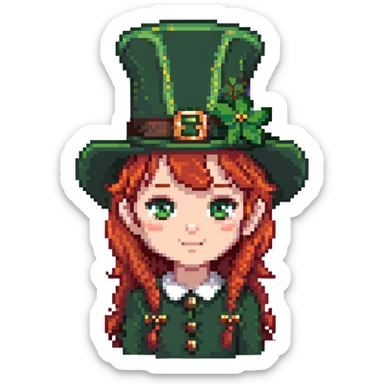 girl with red hair and brown eyes with a leprechaun sticker