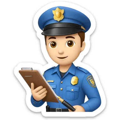 An emoji of a traffic police officer writing a ticket. The officer wears a traditional uniform with a hat and badge, holding a notepad and pen. The design is simple, cartoonish, and emoji-like, with a neutral yet authoritative expression sticker