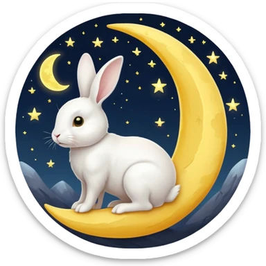 a white bunny in the foreground (no small details) and a large crescent moon in the background

minimal art versions please 2 colours, white and yellow sticker