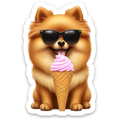 Pomeranian with sunglasses eating ice cream sticker