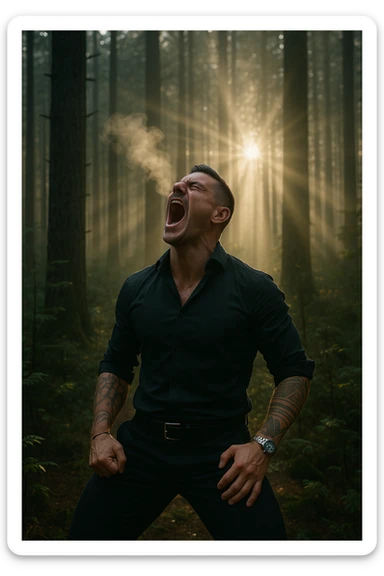 A man screaming towards the sky in a forest, with visible breath vapor and light rays shining through the trees, symbolizing the release of deep tension and the reclaiming of inner peace through cathartic screaming breathwork sticker