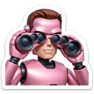 schwarzenegger-looking pink robotic terminator looking through binocular, viewed from an angled perspective sticker