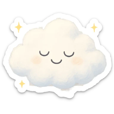 gentle fluffy cloud with peaceful smile, closed eyes, and subtle sparkles, evoking tranquility and relaxation sticker