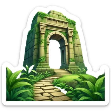 Icon for Adventure Movie: A vintage movie poster-style design with a jungle clearing path, dense foliage surrounding it. In the distance, ancient ruins peek through the trees. The atmosphere is mysterious and adventurous, with soft light cutting through the trees. Transparent background. sticker