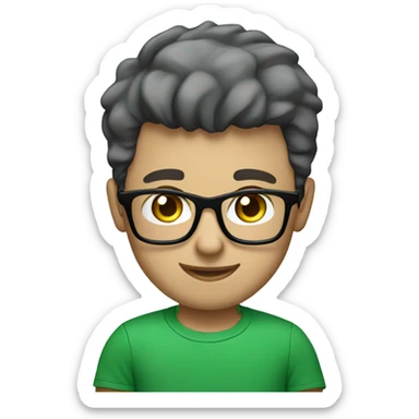 white young man with square glasses and blue eyes wearing green t-shirt using laptop  sticker