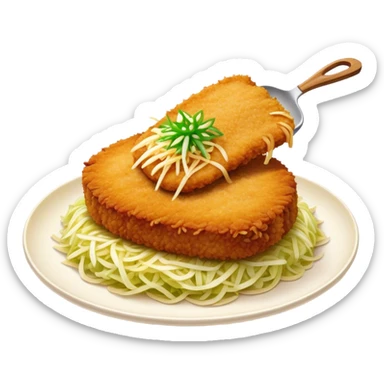 Cinematic Realistic Tonkatsu Dish Emoji, featuring a golden, breaded pork cutlet served with shredded cabbage rendered with rich textures and vibrant, dynamic lighting. sticker