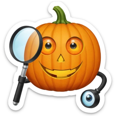 A pumpkin smiling at a magnifying glass (the magnifying glass has limbs and a suit thats black, the magnifying glass also has a eye, looks like a cyclops eye, one eye in the middle) sticker