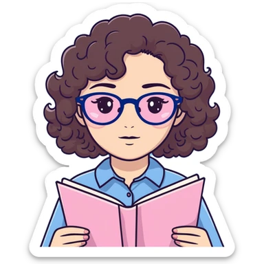 Una chica con el cabello rizado color castaño oscuro con una blusa azul unos ojos oscuros y unos lentes de lectura rosas pastel  sticker