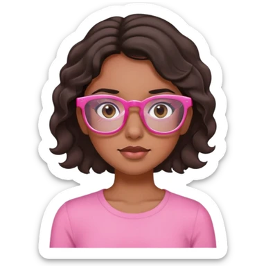 Brown brunette girl, with black wavy hair, black eyes, pink rectangular glasses and pink top rolling her eyes sticker
