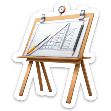 Sleek icon for Architecture: engineer's drawing board with 3D model of the building,  pencil, architect's easel, rulers and protractor. Transparent background. sticker