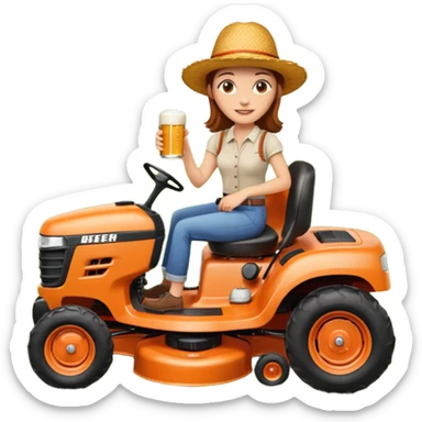 White woman with brown hair, without glasses wearing a straw hat, on old orange ride on lawn mower, holding a beer with one hand and holding the steering wheel with the other hand. Woman is smiling. Lawn mower has “Westwood” written on the engine cover sticker