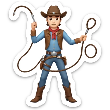 cowboy man holding a whip, dynamic pose, western outfit, adventure vibe, 3D cartoon, mobile game icon style, clean background, no text, no watermark
 sticker